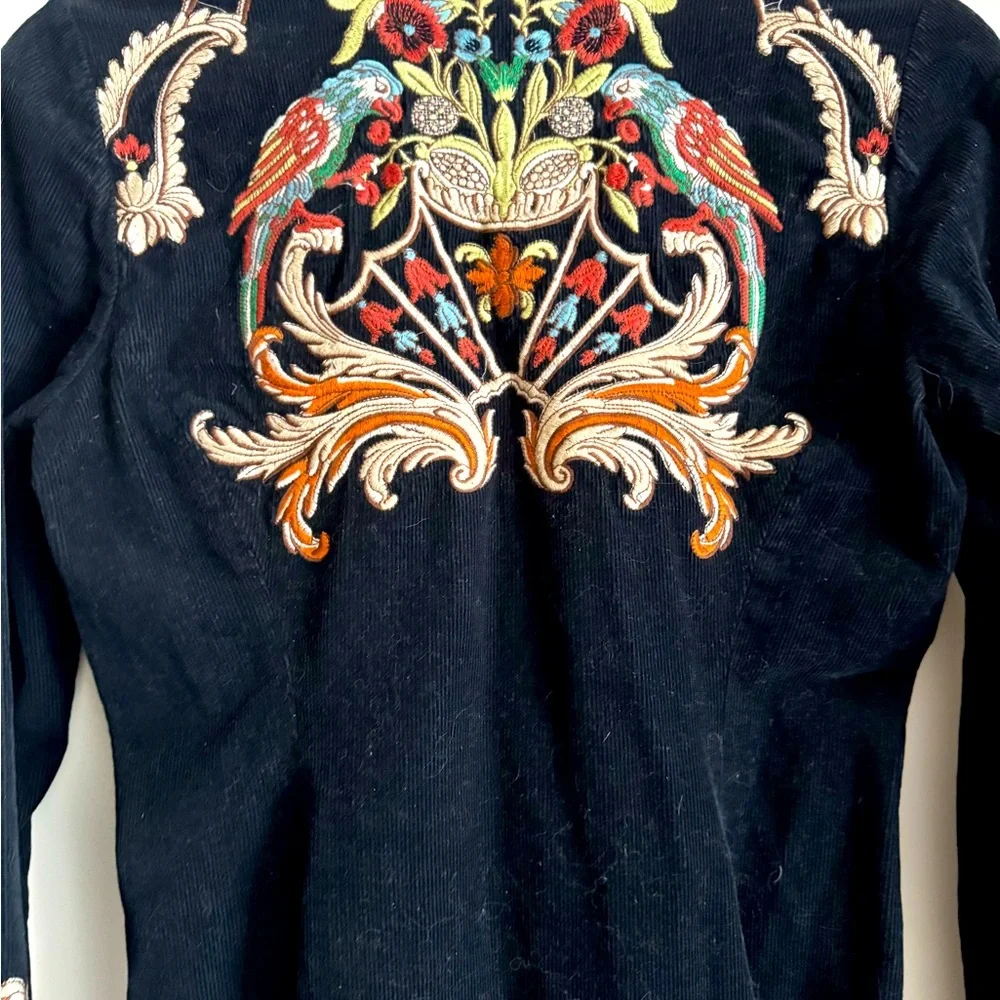 Barely worn Johnny Was - Embroidered Black mid-length Corduroy Coat, Size Medium - Picture 4 of 10